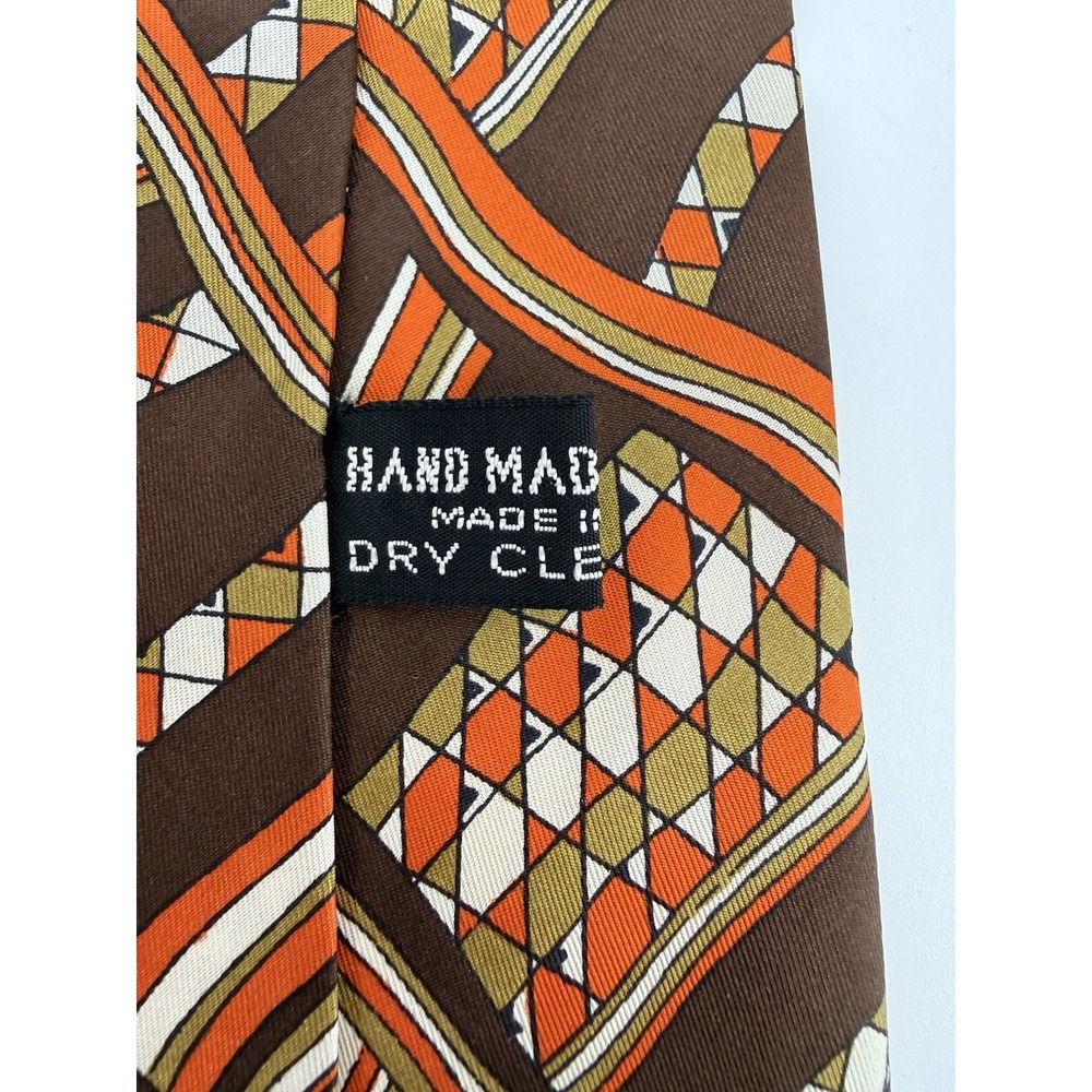 Vtg 70's I.Magnin 100% Silk Tie Spain Brown Orange Abstract Retro Geo Pattern - Picture 2 of 7
